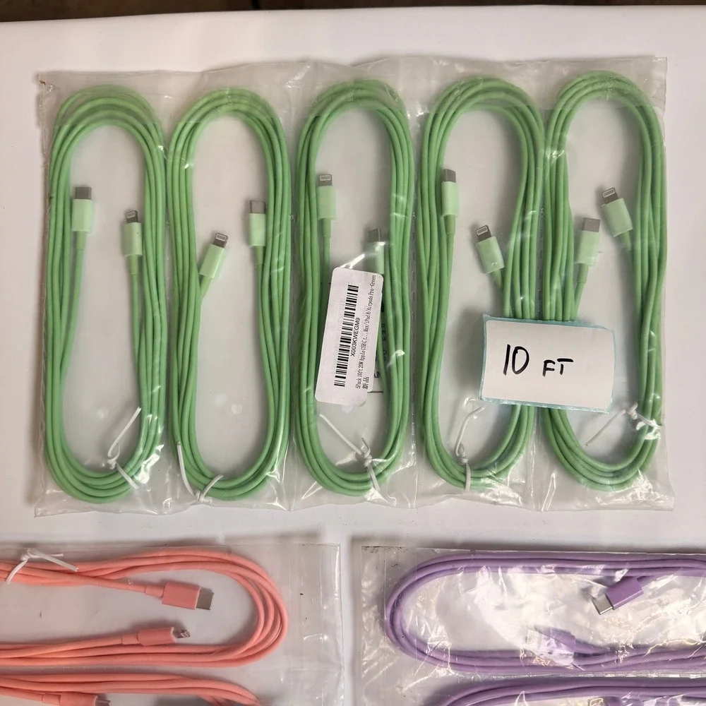 Lot of 15 USB‎ C to Lightning Fast Charging Cables 20W 10x 6ft, 5x 10ft Green, P
